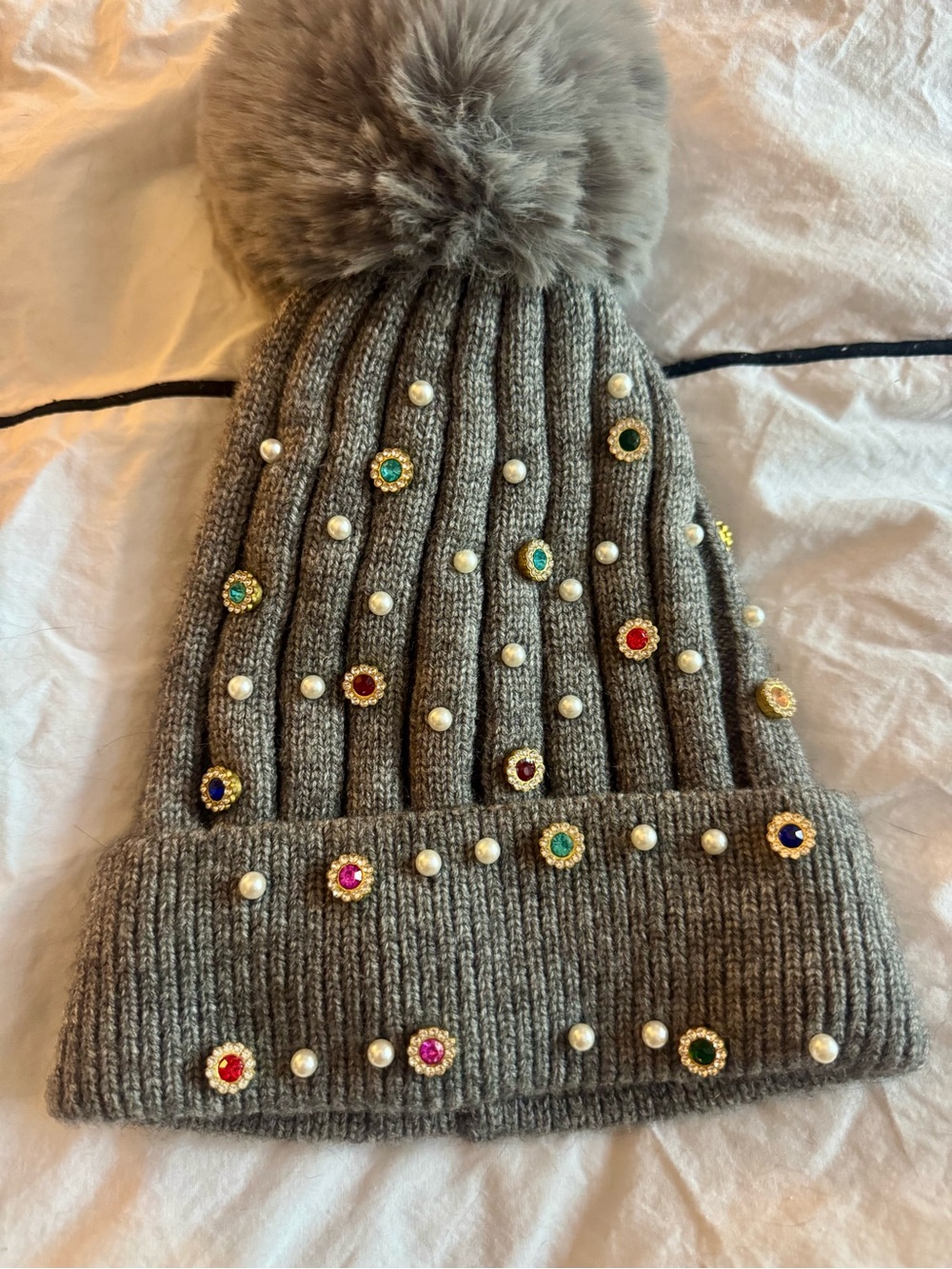 Embellished Grey Pom Beanie Hat with Faux Fur Pom